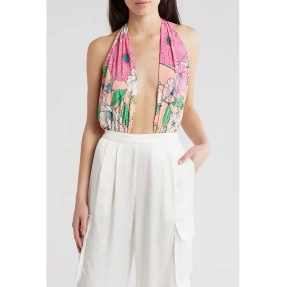 AFRM Spring Blush Bouquet Rosa Cross Halter Plunge Neck Bodysuit, M - Picture 3 of 10
